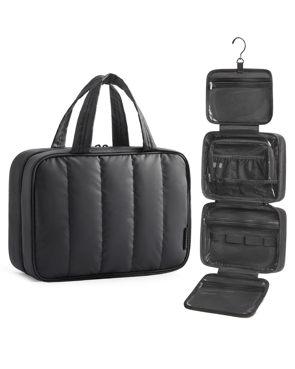 BAGSMART front view black toiletry bag showing compact size and zippers, ideal for travel
