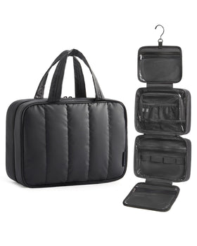BAGSMART front view black toiletry bag showing compact size and zippers, ideal for travel