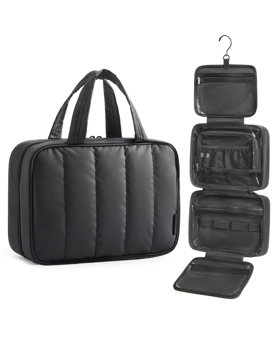 BAGSMART front view black toiletry bag showing compact size and zippers, ideal for travel
