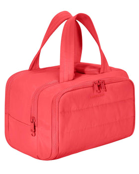 BAGSMART front view showing bright red puffy toiletry bag with zipper benefit