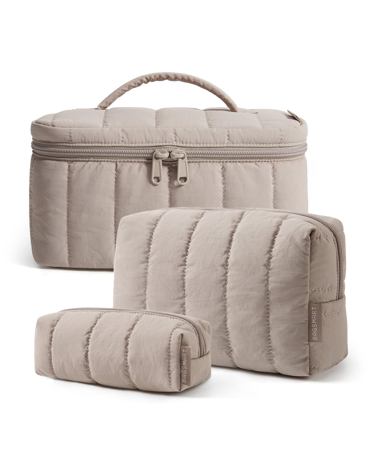 BAGSMART front view of camel makeup bag set highlighting neat styling and organization