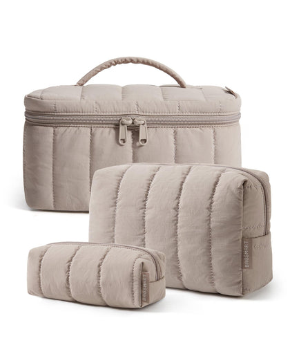 BAGSMART front view of camel makeup bag set highlighting neat styling and organization