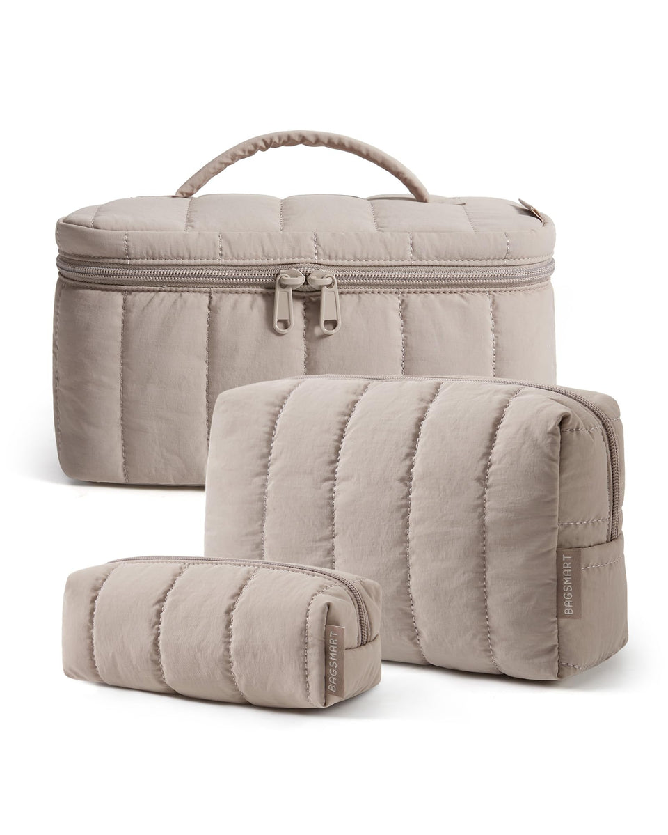 BAGSMART front view of camel makeup bag set highlighting neat styling and organization