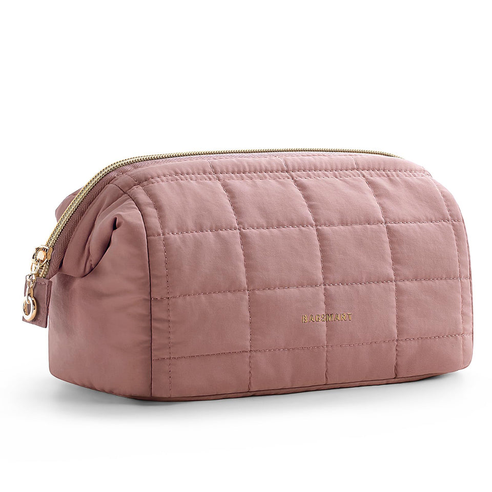 BAGSMART front view of dark pink makeup bag showing compact design and easy carry