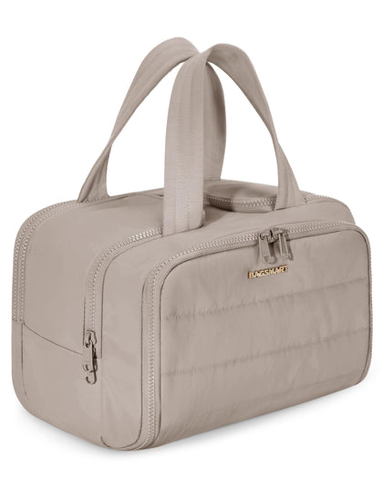 BAGSMART front view showing grayish brown puffy exterior and handle for easy carry