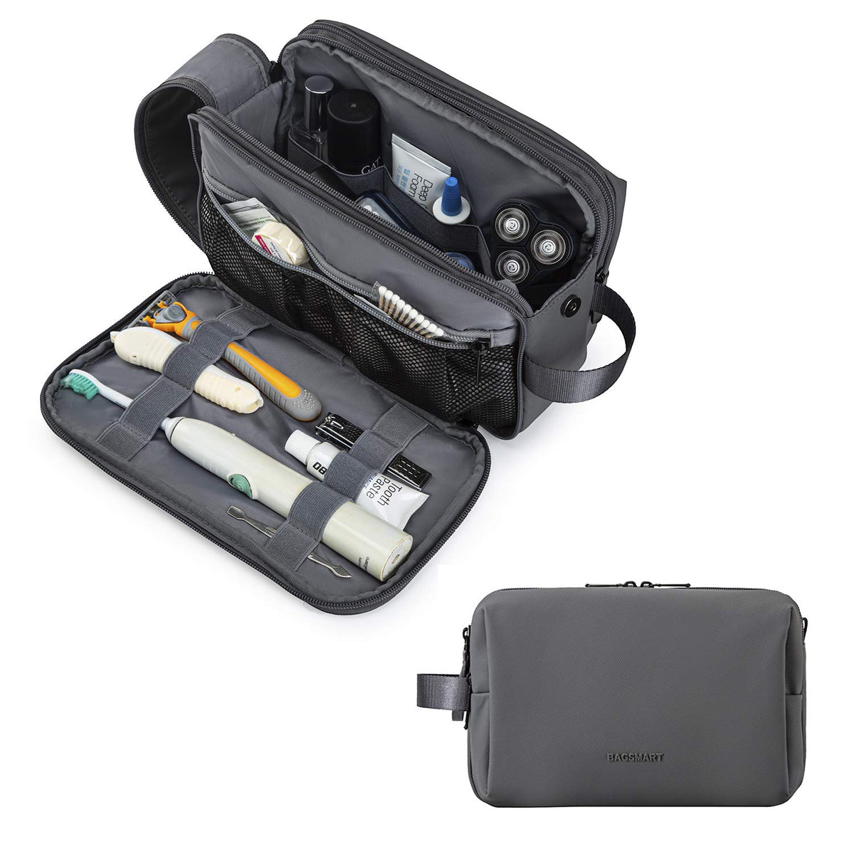 BAGSMART front view of grey medium toiletry bag showing compact profile and handle benefit