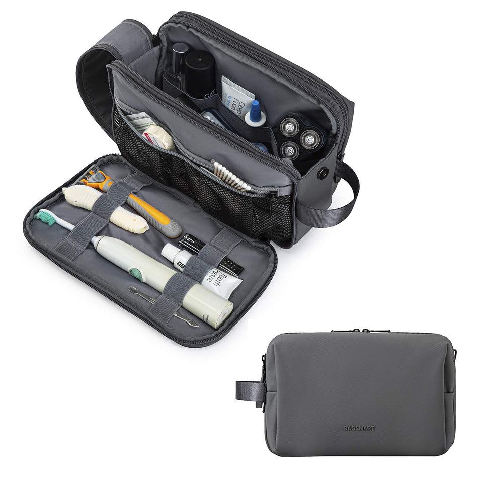 BAGSMART front view of grey medium toiletry bag showing compact profile and handle benefit