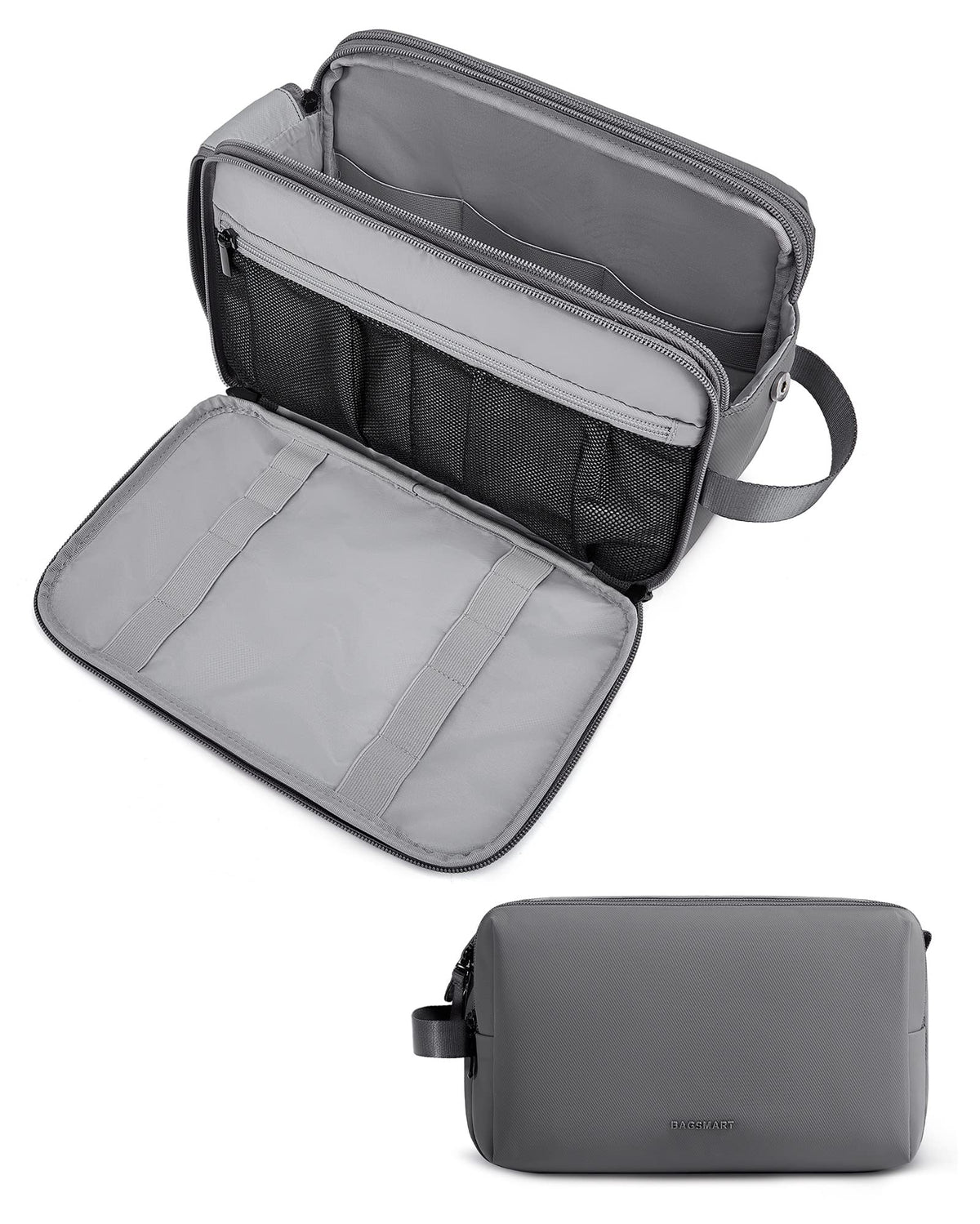 BAGSMART front view of grey toiletry bag showing compact, travel-ready design