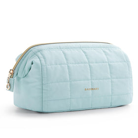 BAGSMART front view of light blue padded makeup bag showing zipper and shape for easy organization