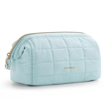 BAGSMART front view of light blue padded makeup bag showing zipper and shape for easy organization