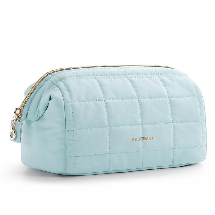 BAGSMART front view of light blue padded makeup bag showing zipper and shape for easy organization