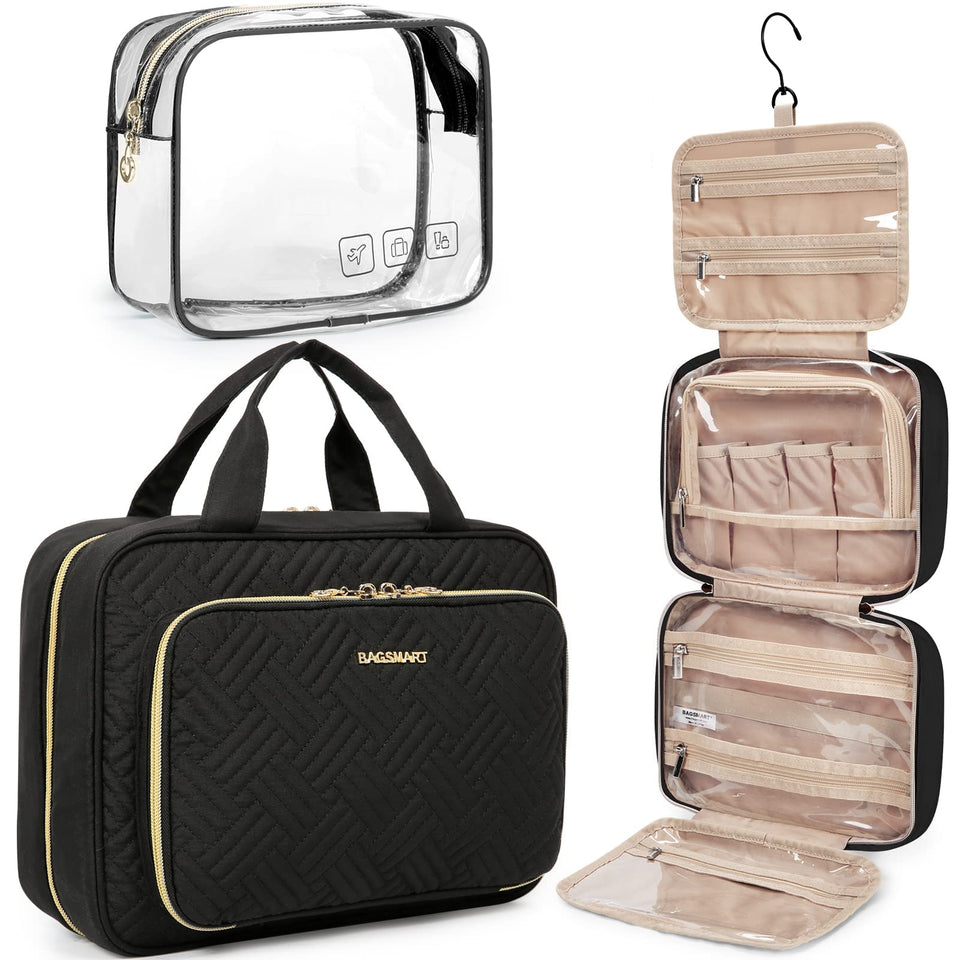 BAGSMART front view of medium black toiletry bag showing compact roll design and handle benefit