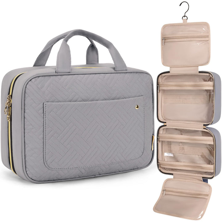 BAGSMART front view of medium grey toiletry bag showing organized compartments and compact shape