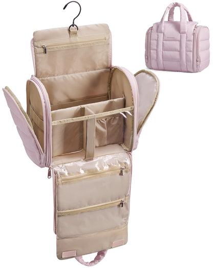 BAGSMART front view showing nude pink quilted bag and handles, organized travel convenience