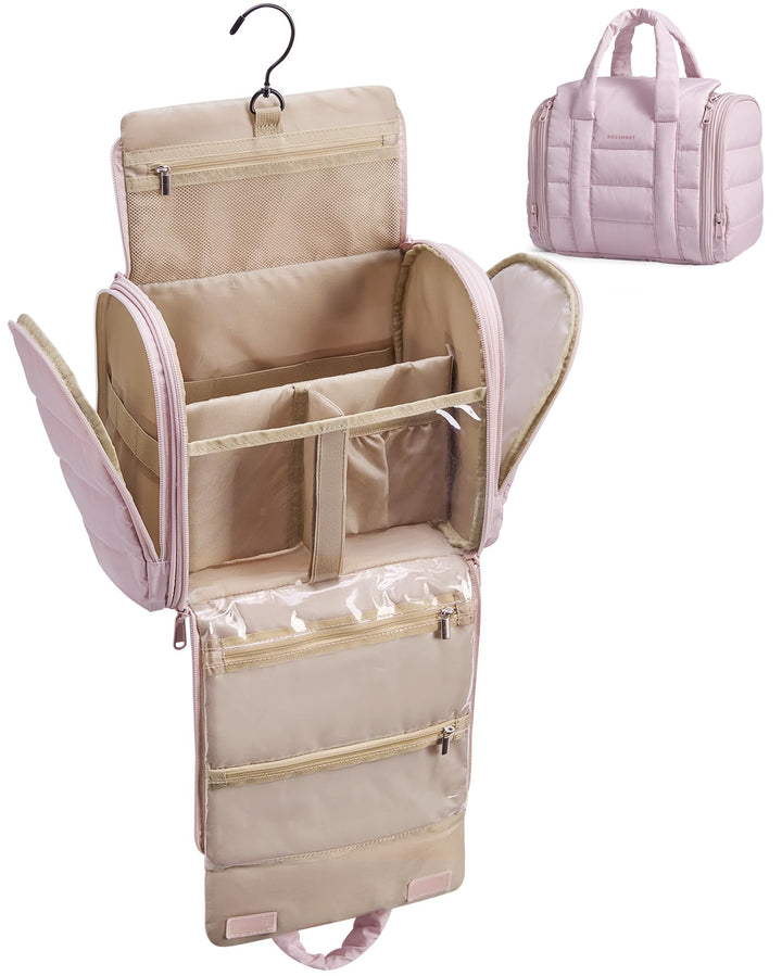 BAGSMART front view showing nude pink quilted bag and handles, organized travel convenience