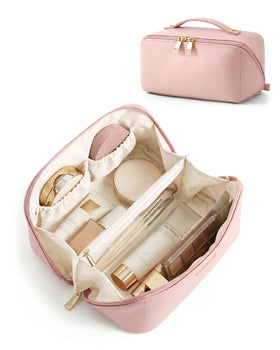 BAGSMART front view of pink cosmetic bag showing neat storage and style