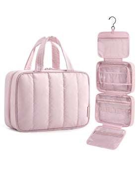 BAGSMART front view of pink toiletry bag showing compact design and carry handle benefit