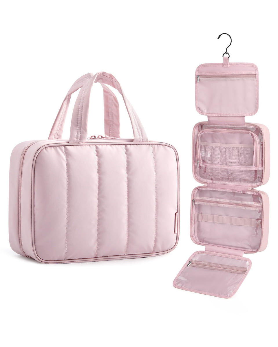 BAGSMART front view of pink toiletry bag showing compact design and carry handle benefit
