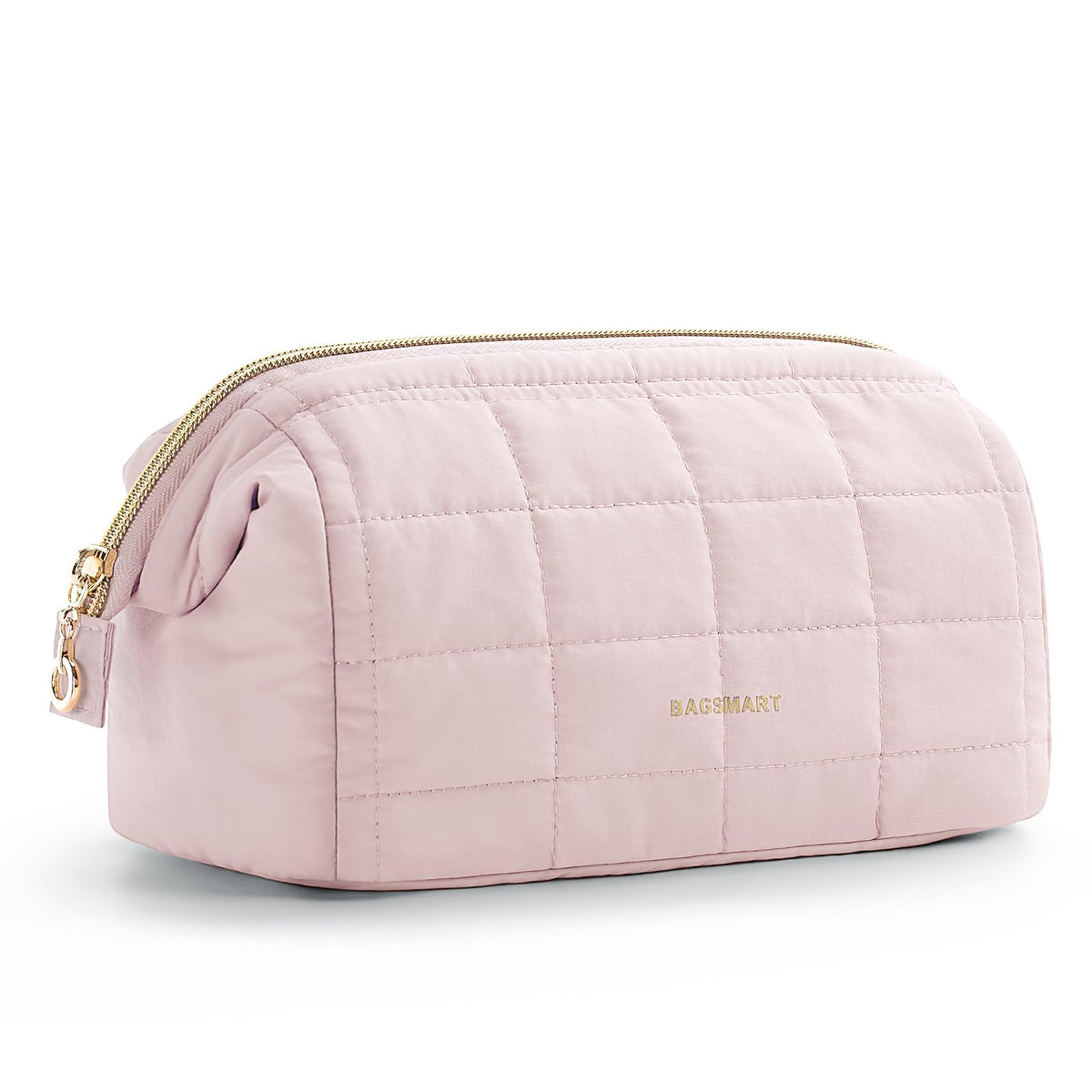 BAGSMART front view showing compact pink makeup bag and organized silhouette