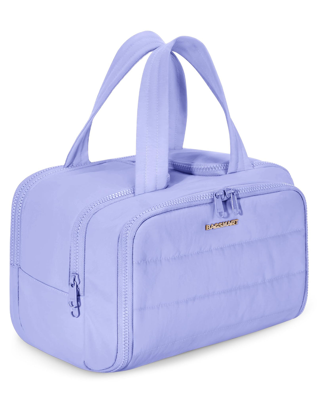 BAGSMART front view of purple puffy toiletry bag showing stylish exterior and storage benefit