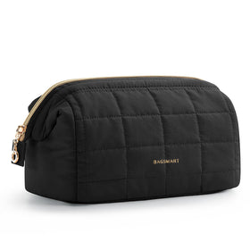 BAGSMART front view showing compact black travel makeup bag and easy-carry benefit