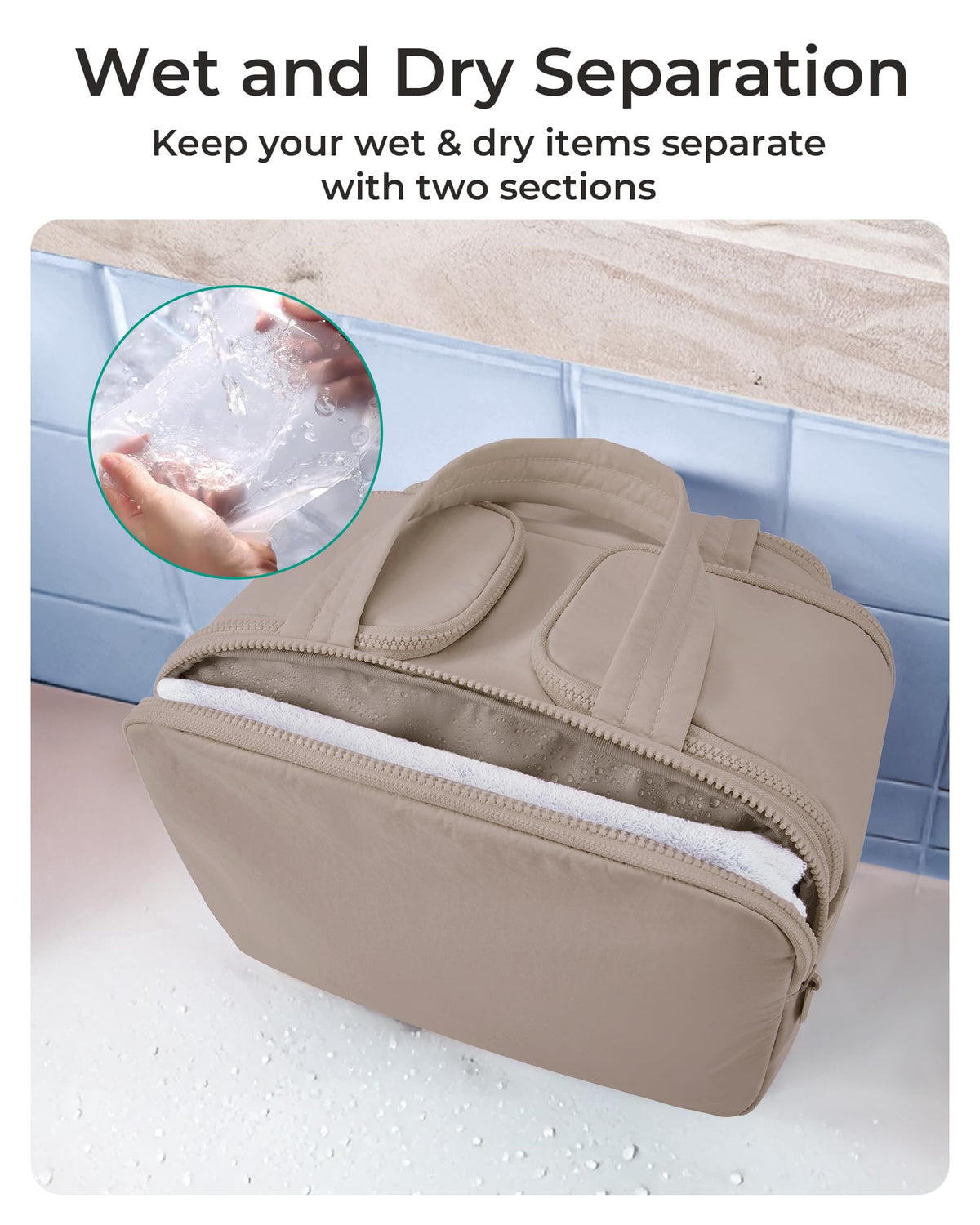 BAGSMART front zip pocket containing damp items to keep them separated