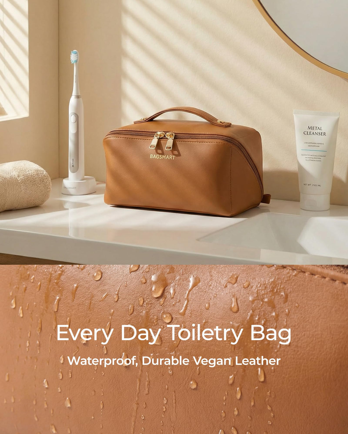 BAGSMART storing full-size bottles and brushes for travel convenience