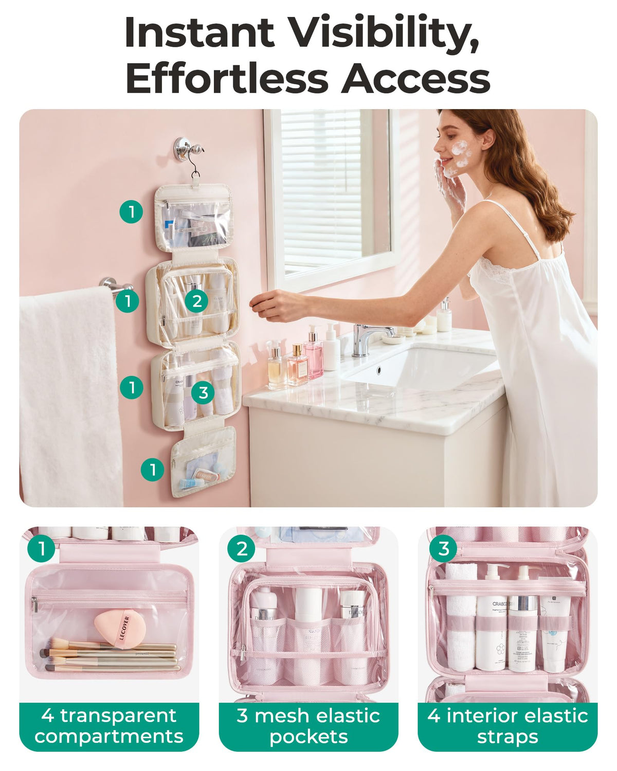 BAGSMART hanging from bathroom hook for counter-free, convenient access