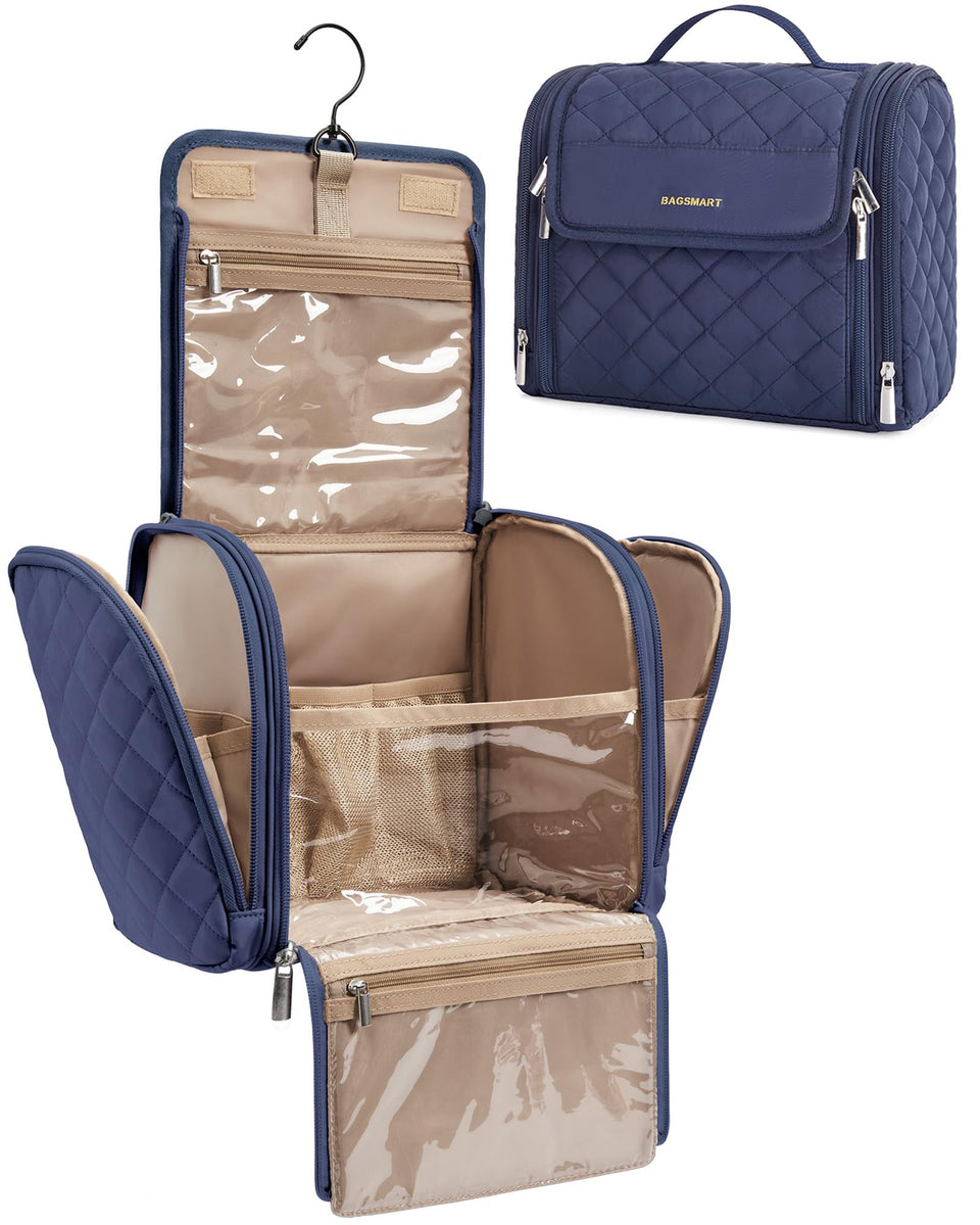 BAGSMART front view of blue hanging makeup bag showing compact shape and zipper benefit