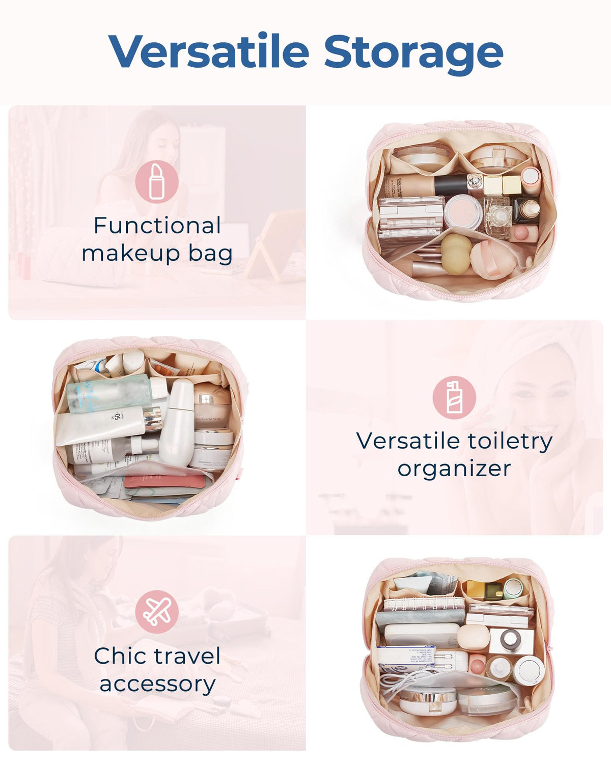 BAGSMART makeup bag in use on a dresser with brushes and tubes for fast morning routines