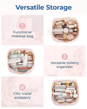 BAGSMART makeup bag in use on a dresser with brushes and tubes for fast morning routines