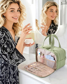 BAGSMART interior view with two main compartments and elastic straps for organized bottles