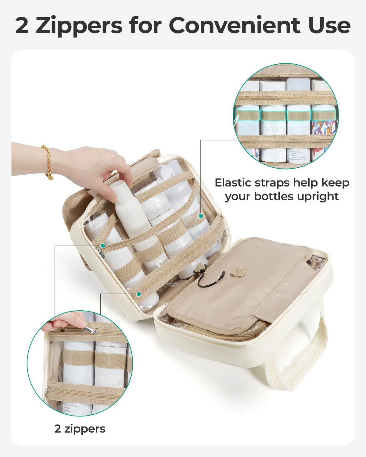 BAGSMART interior with elastic straps holding bottles upright for secure travel packing