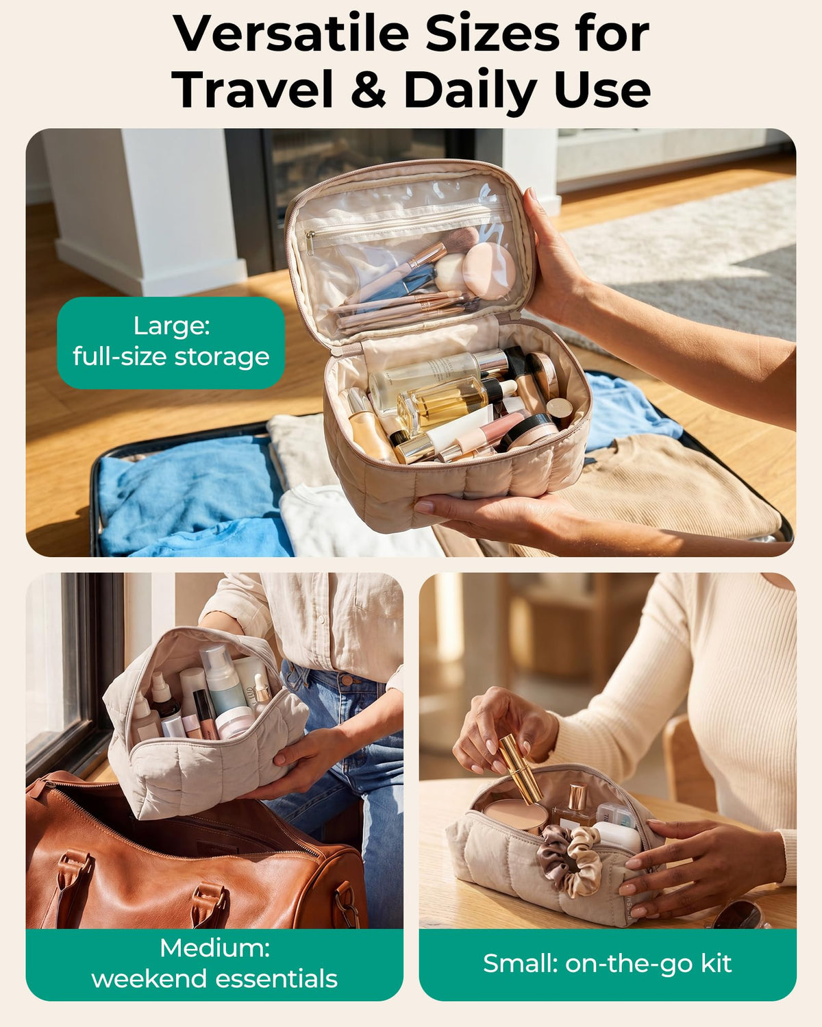 BAGSMART large bag open with skincare bottles showing secure travel storage