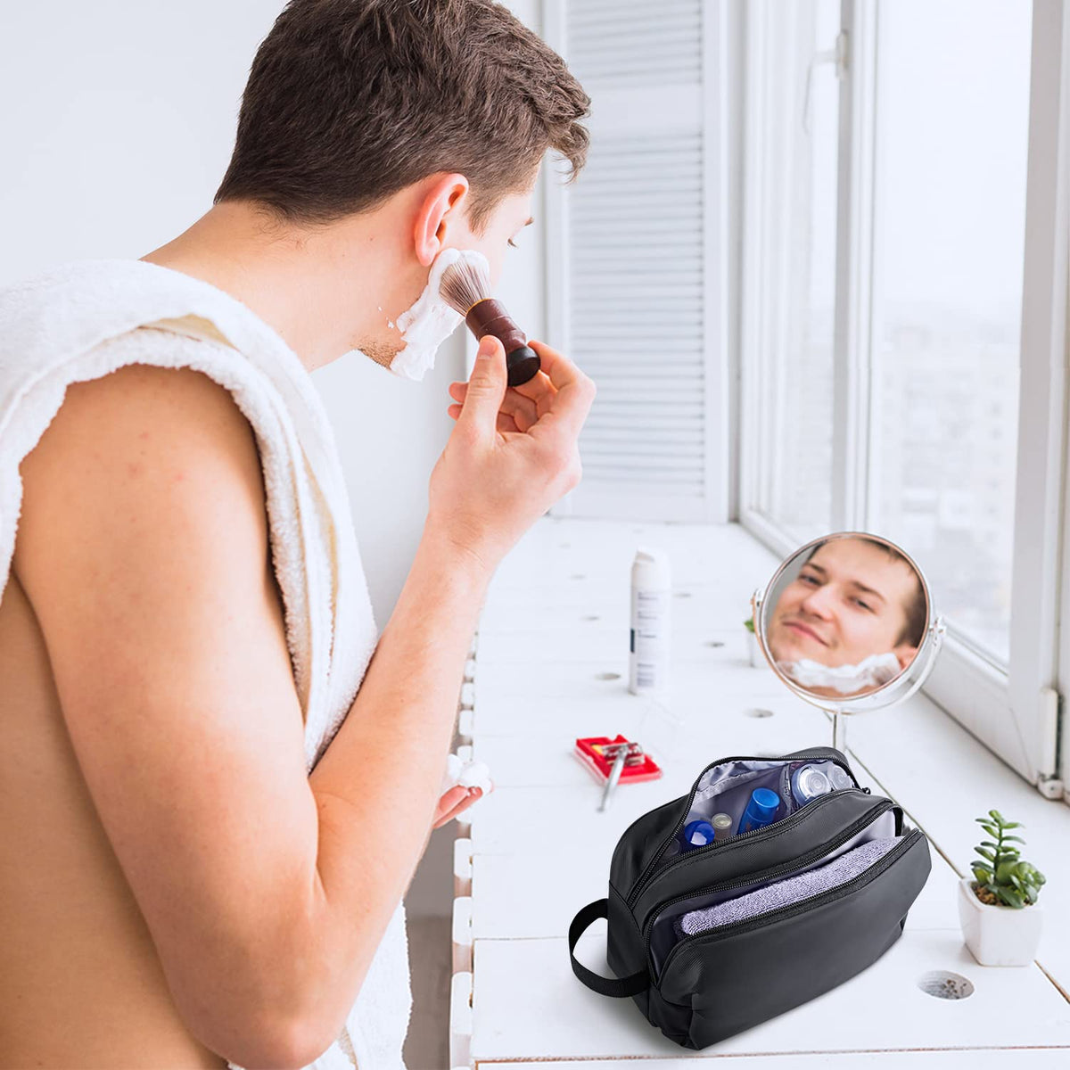 BAGSMART on bathroom counter styled to show travel-ready organization benefit