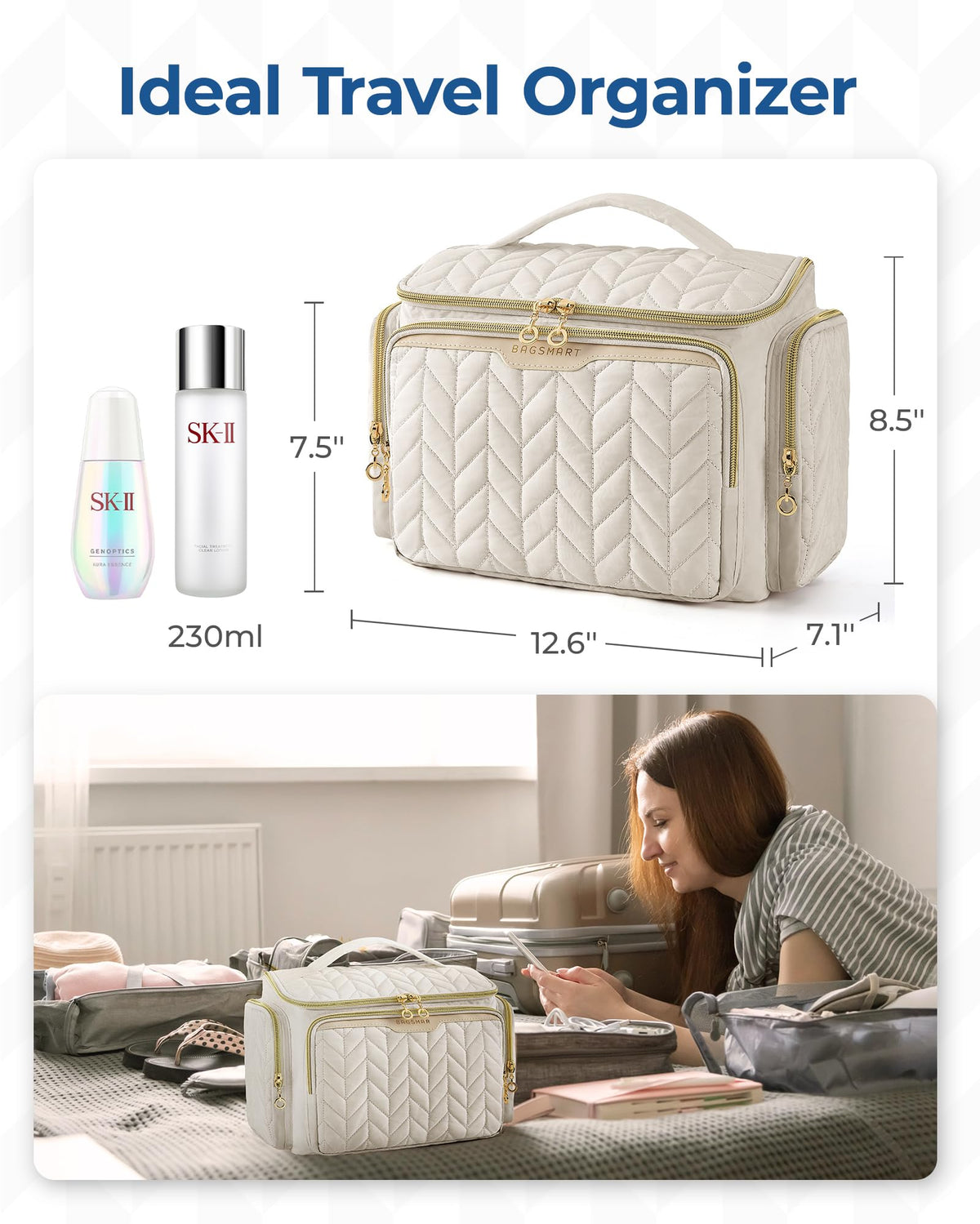 BAGSMART on bathroom counter staged with toiletries for everyday use