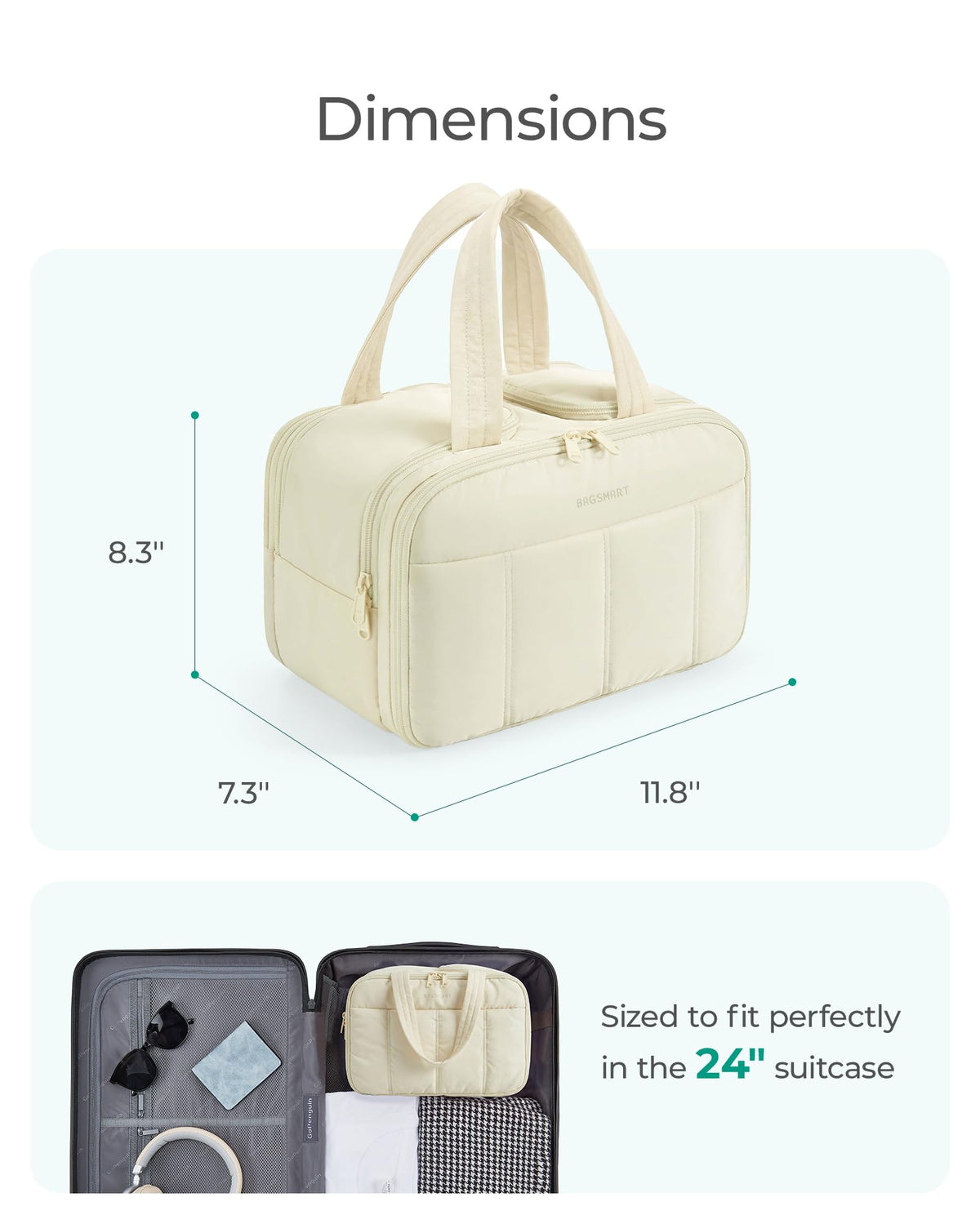 BAGSMART on a hotel bathroom counter displaying easy access and neat organization while traveling