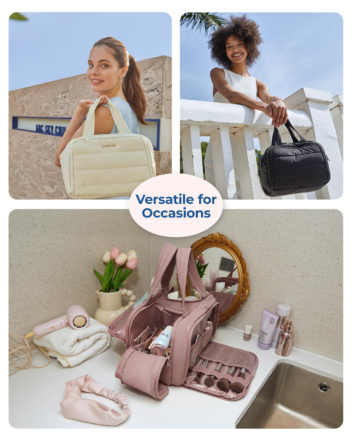 BAGSMART on a travel vanity with toiletries showing stylish, functional use