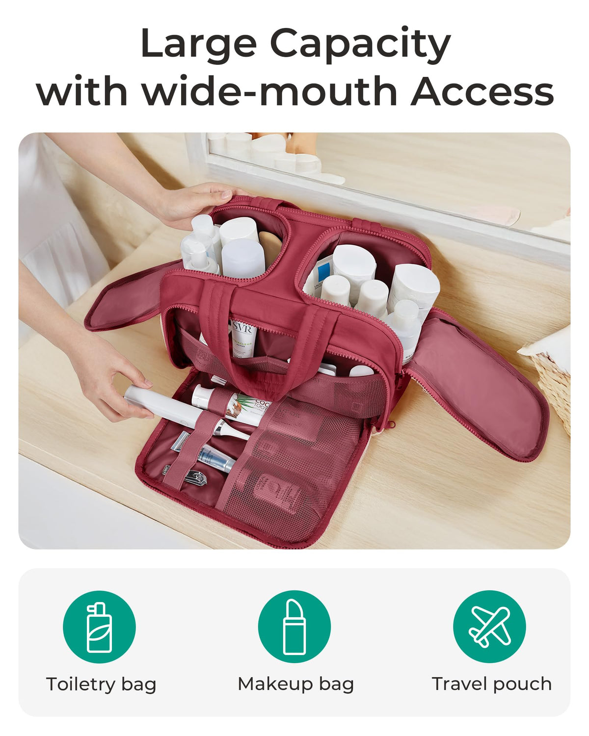 BAGSMART on a hotel vanity demonstrating organized toiletries for stress-free travel