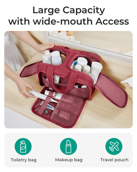BAGSMART on a hotel vanity demonstrating organized toiletries for stress-free travel