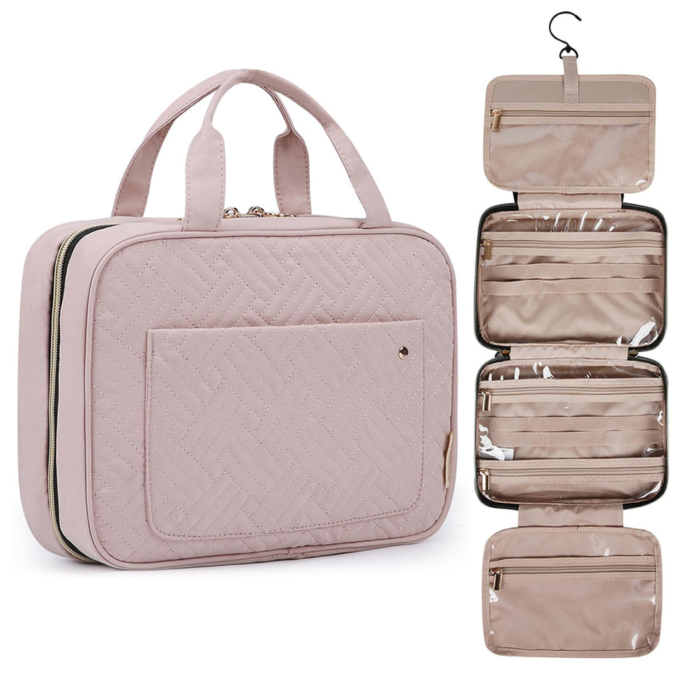 BAGSMART front view of baby pink medium toiletry bag showing compartments and zipper benefit easy organization