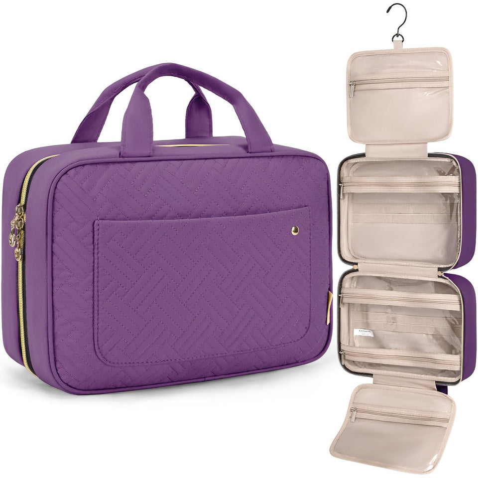 BAGSMART front view of purple medium toiletry bag showing organized exterior and handle
