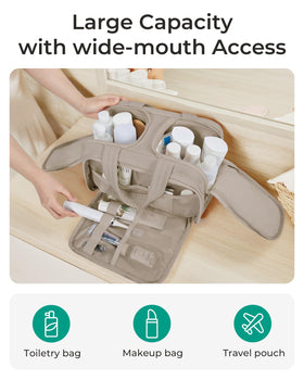BAGSMART upright middle compartment holding full-size bottles to prevent spills