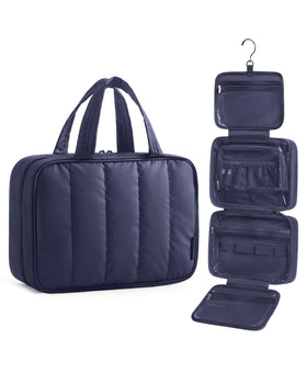 BAGSMART navy toiletry bag front view showing compact benefit