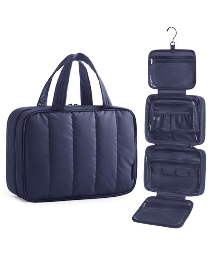 BAGSMART navy toiletry bag front view showing compact benefit