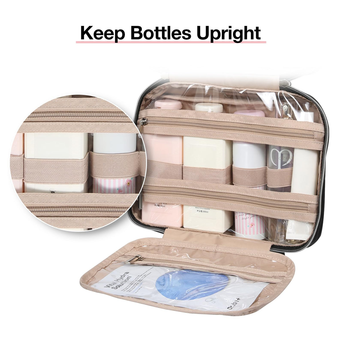 BAGSMART open bag showing elastic bottle holders and compartments to prevent spills benefit