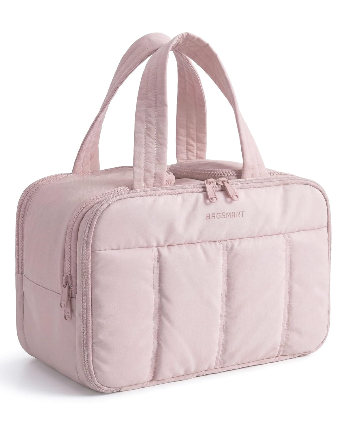 BAGSMART puffy front view showing roomy exterior and pink color, ideal for travel