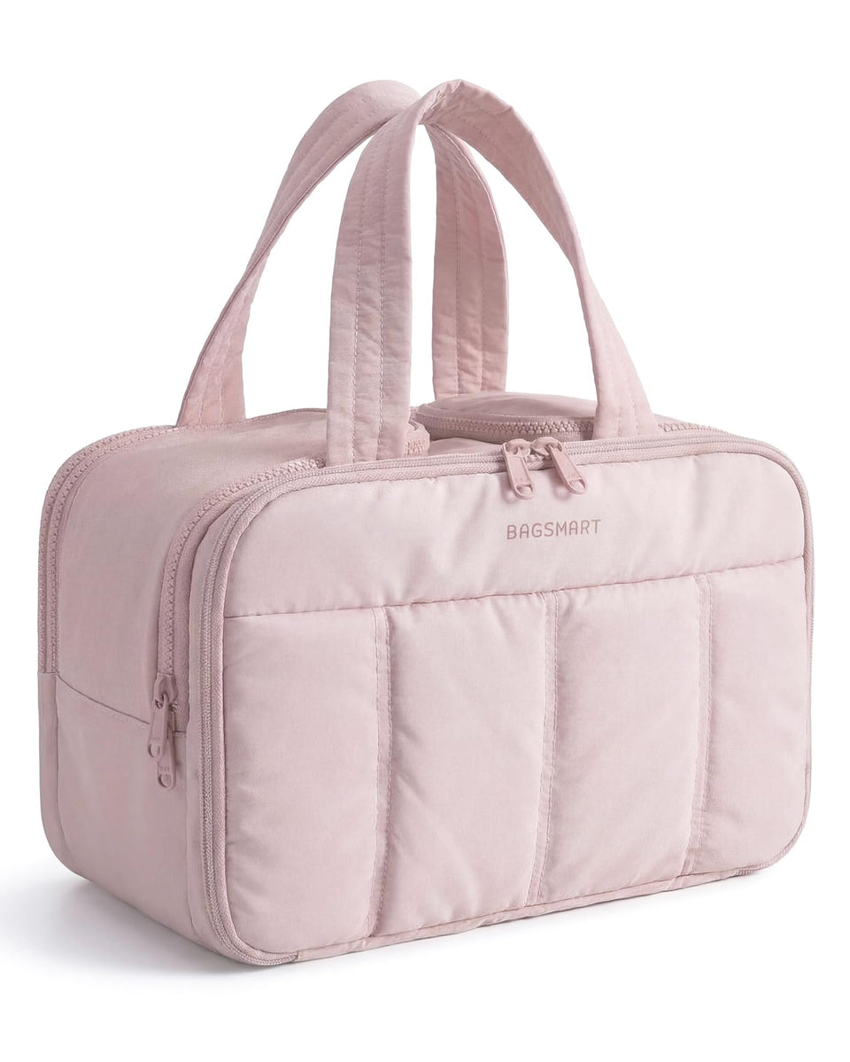 BAGSMART puffy front view showing roomy exterior and pink color, ideal for travel