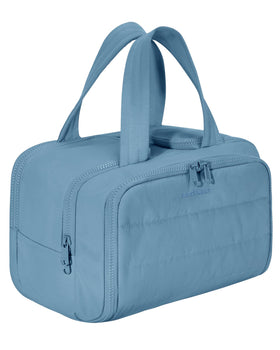 BAGSMART front view of steel blue puffy toiletry bag showing shape and zipper organization benefit