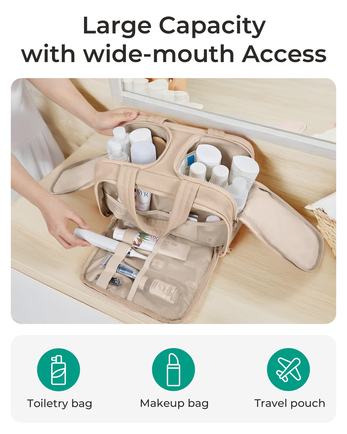 BAGSMART toiletry bag in travel setting beside suitcase illustrating travel-ready convenience